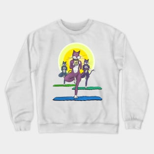 Yoga Cats and Coffee - Tree Pose - Third Eye Open - Funny Cartoon Crewneck Sweatshirt